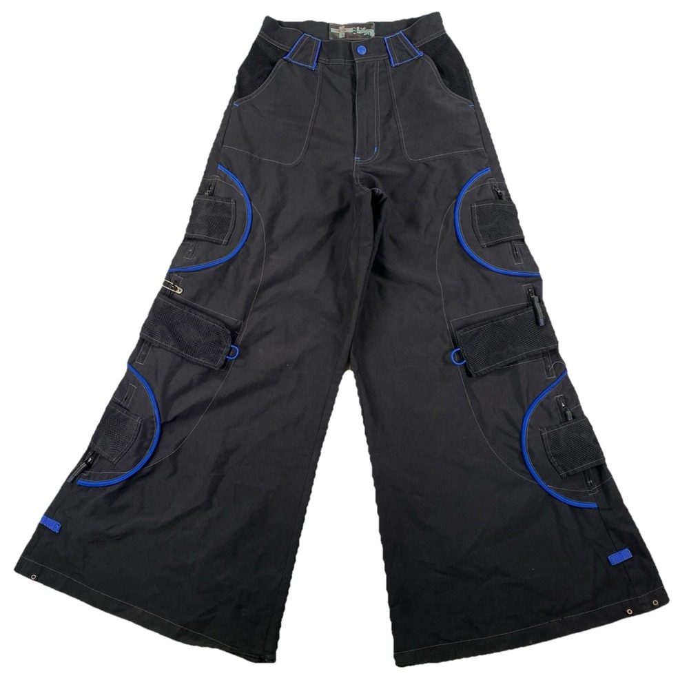 Macgear Rave Pants Size 28 Black Blue Distressed Wide Leg Stash Pockets